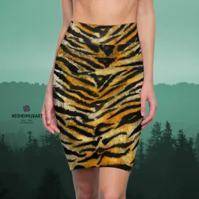 Tiger Striped Women's Pencil Skirt, Orange Brown Animal Print Pencil Skirt -Made in USA