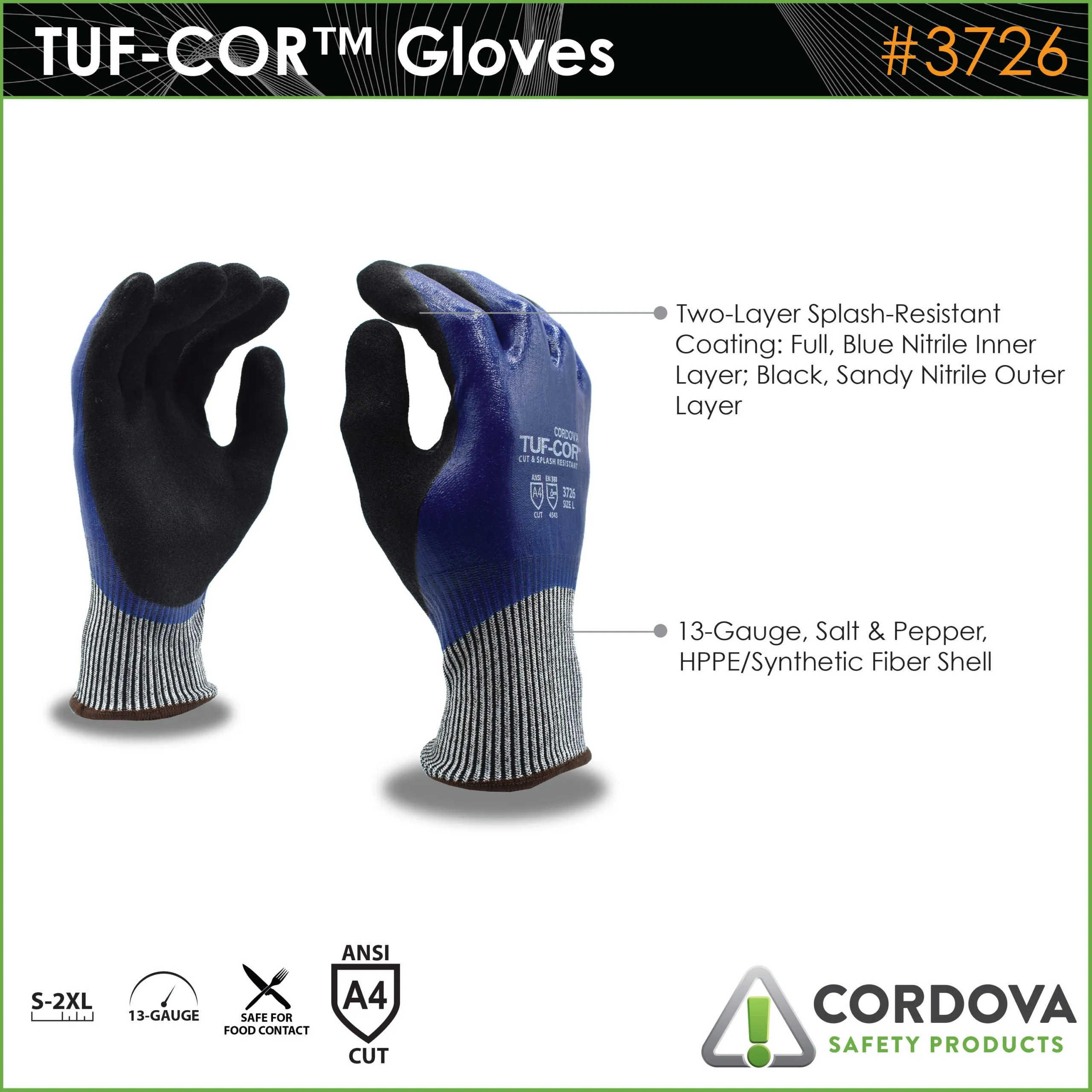 Tuf-Cor Cut-Resistant Gloves, ANSI Cut level A4, Bulk 10-Pack