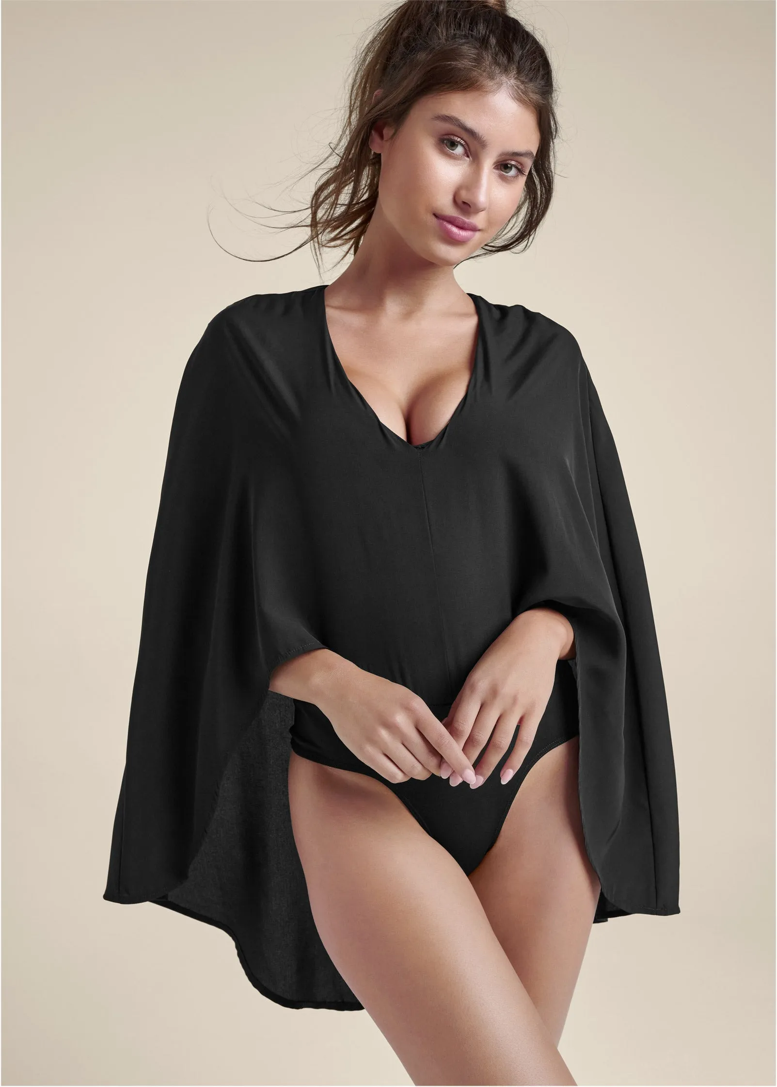 V-Neck Cape Bodysuit - Black