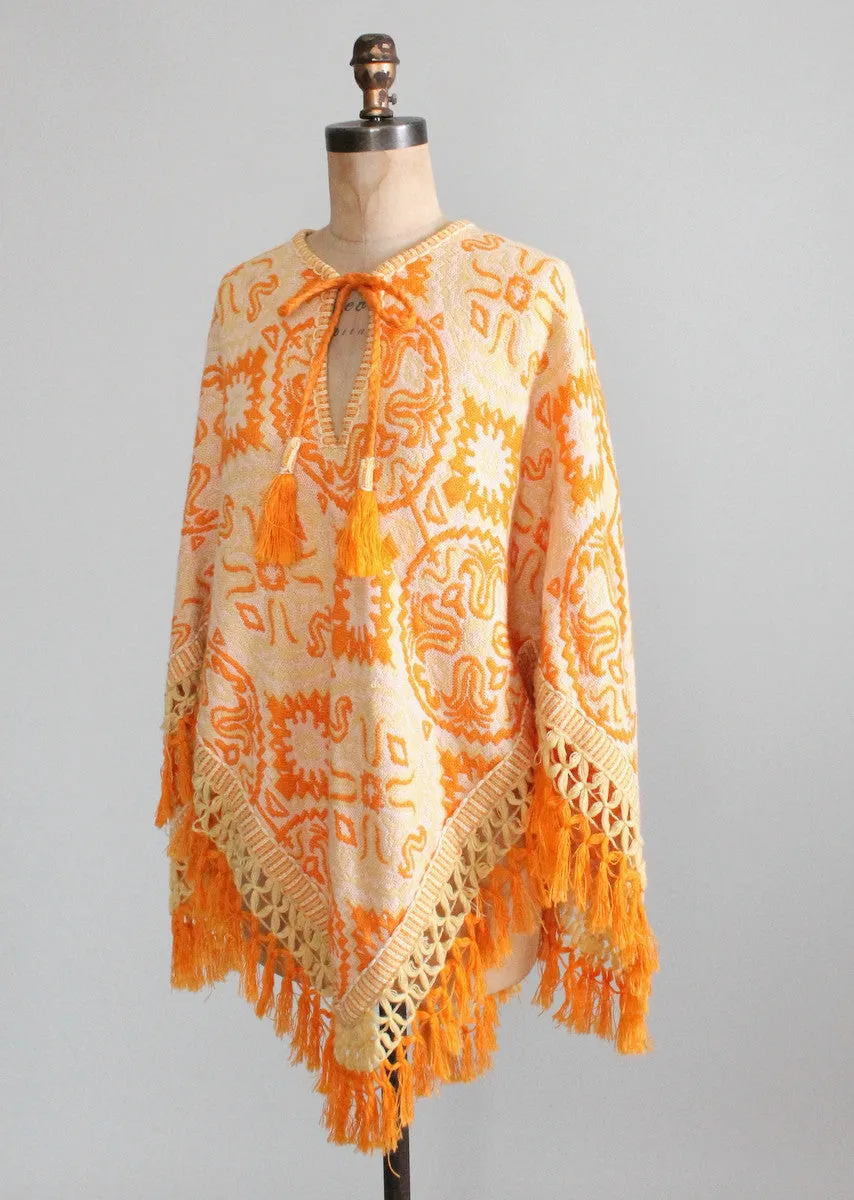 Vintage 1970s Abstract Knit Fringed Poncho