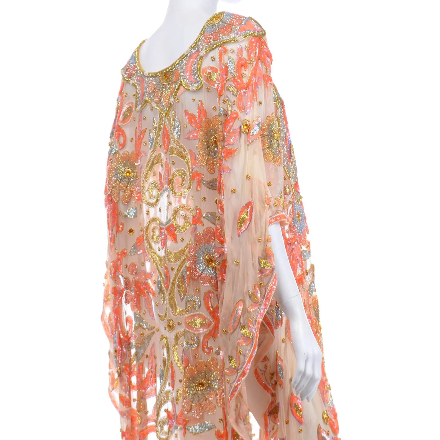 Vintage Beaded Sequin Peach Silk Caftan Evening Dress