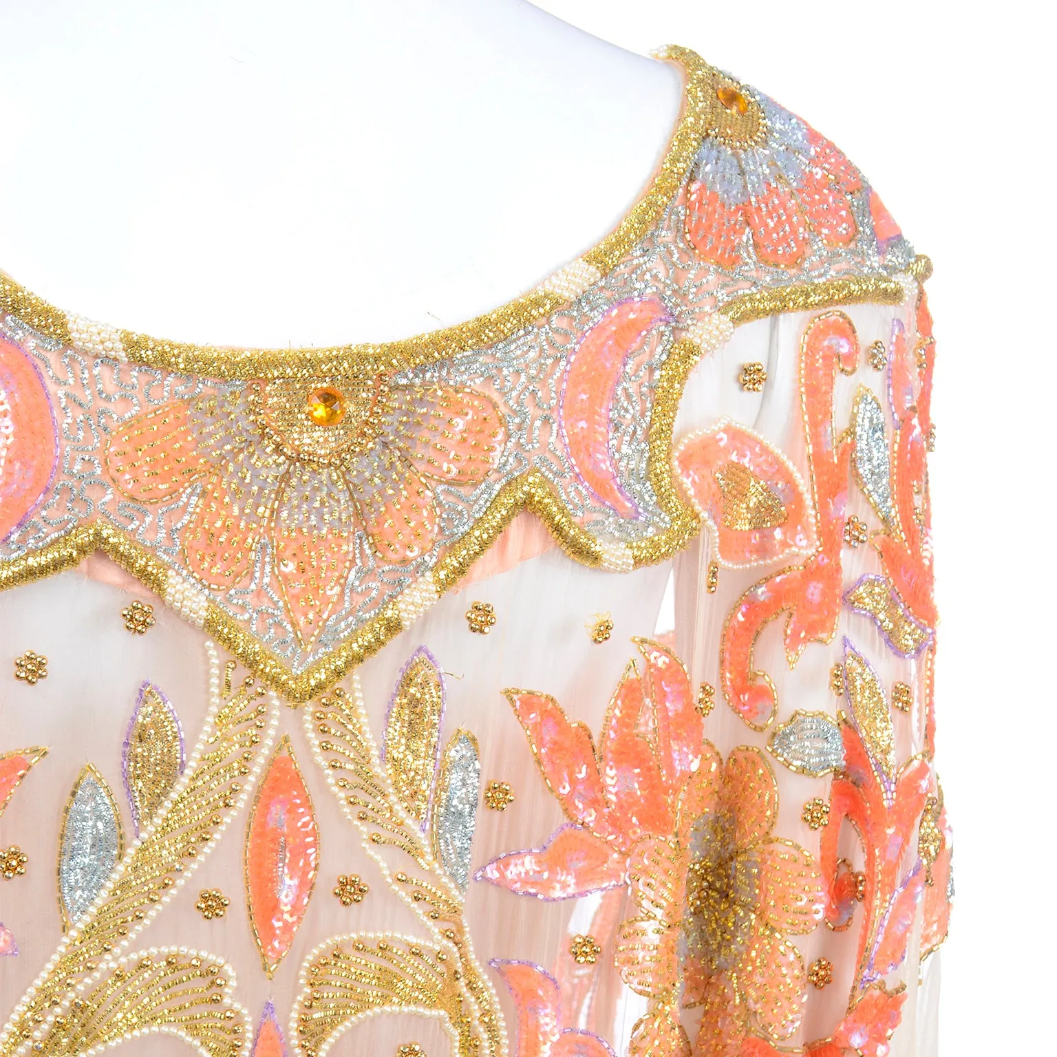 Vintage Beaded Sequin Peach Silk Caftan Evening Dress