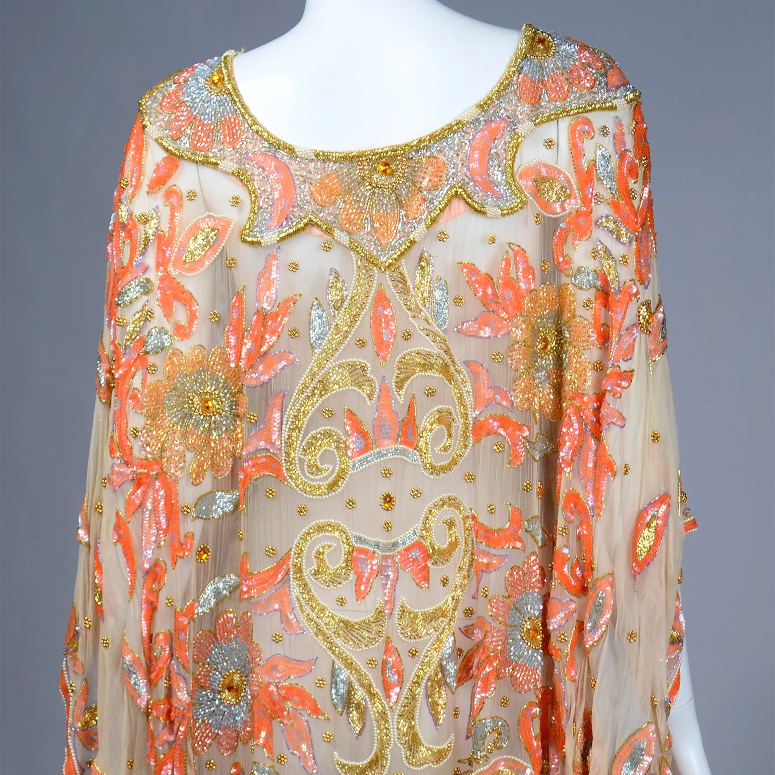 Vintage Beaded Sequin Peach Silk Caftan Evening Dress