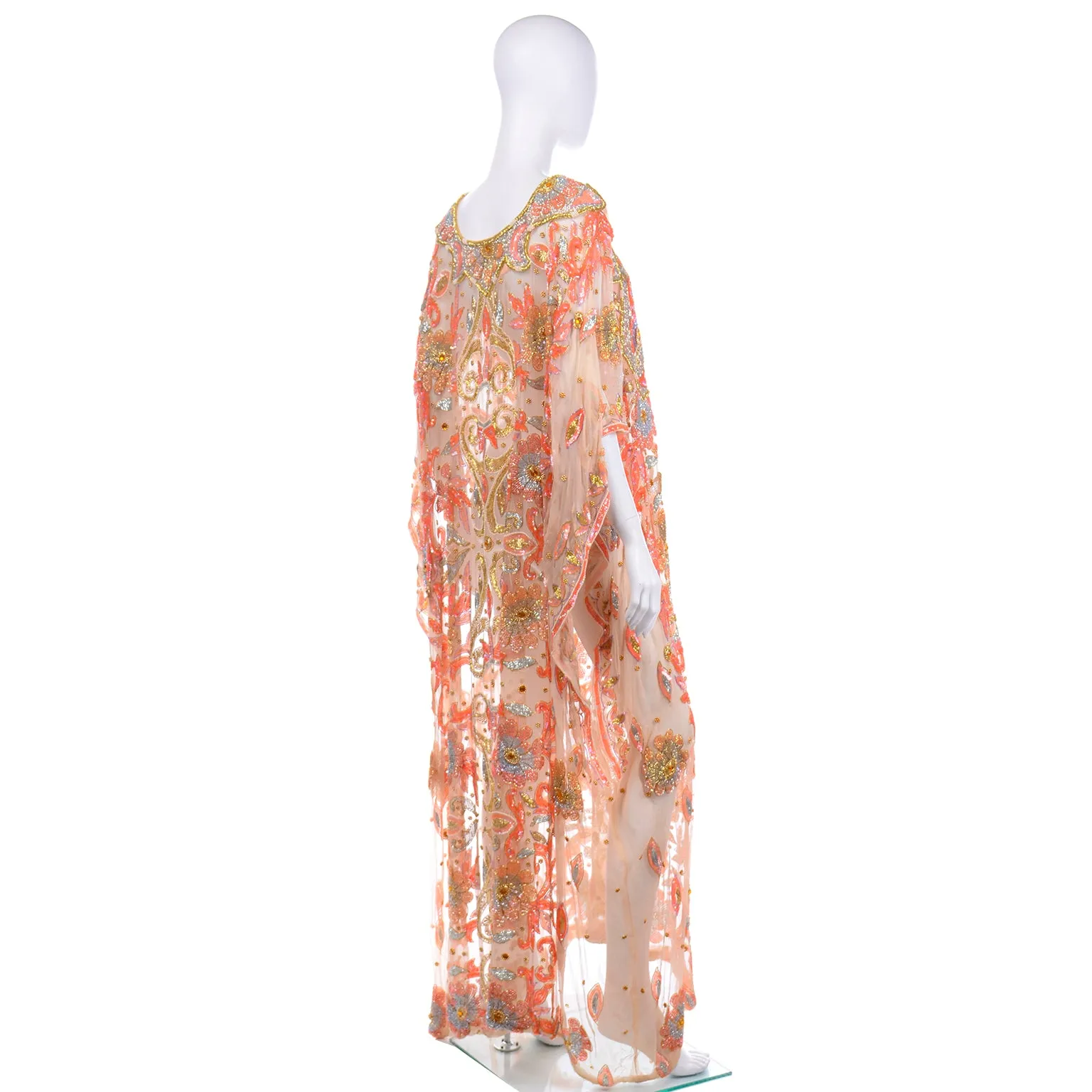 Vintage Beaded Sequin Peach Silk Caftan Evening Dress