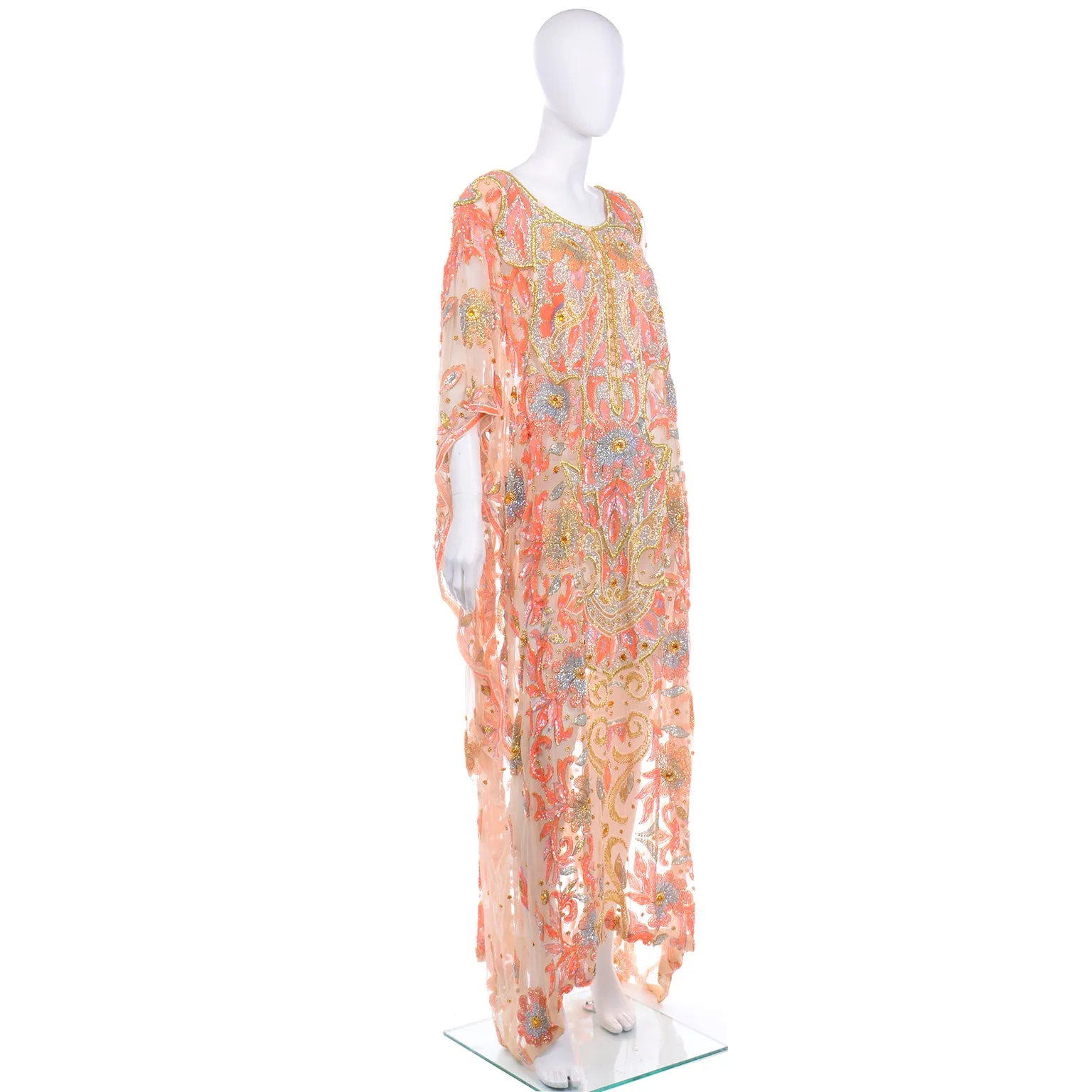 Vintage Beaded Sequin Peach Silk Caftan Evening Dress