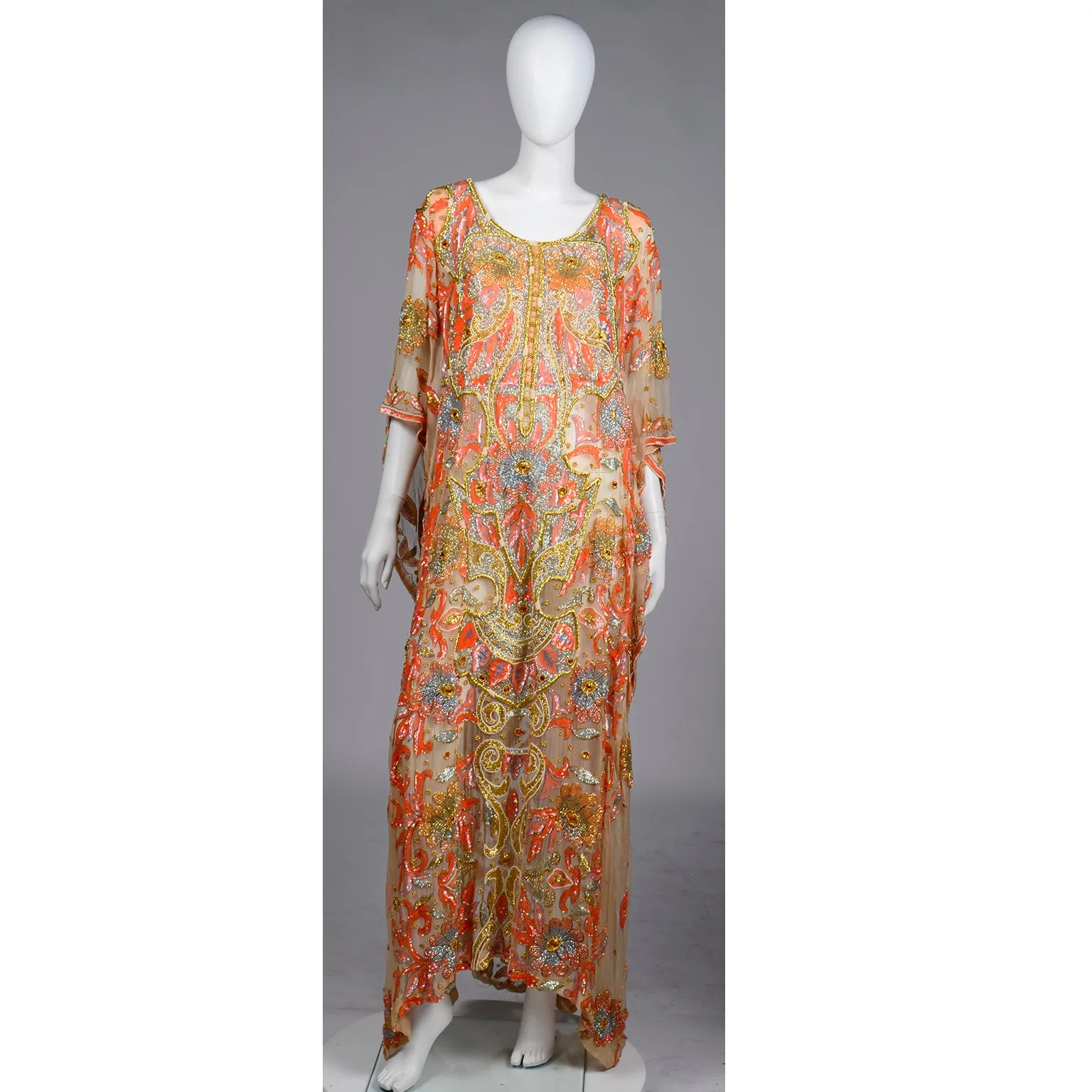 Vintage Beaded Sequin Peach Silk Caftan Evening Dress