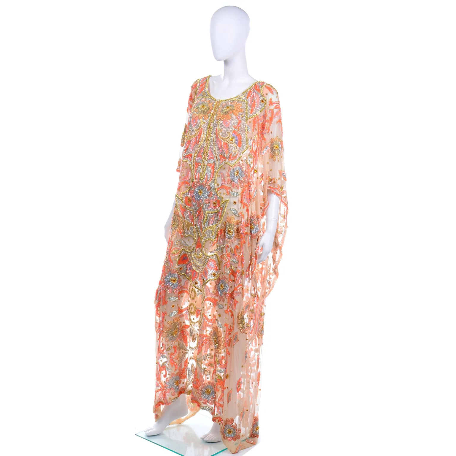 Vintage Beaded Sequin Peach Silk Caftan Evening Dress