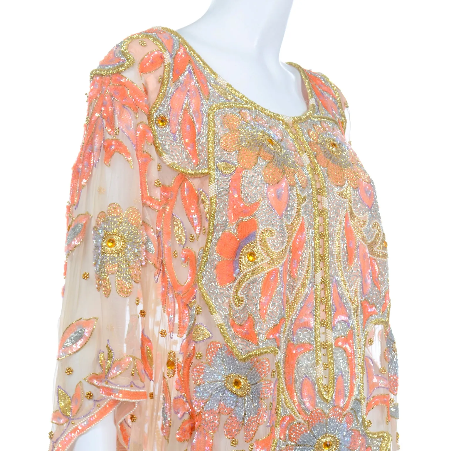 Vintage Beaded Sequin Peach Silk Caftan Evening Dress