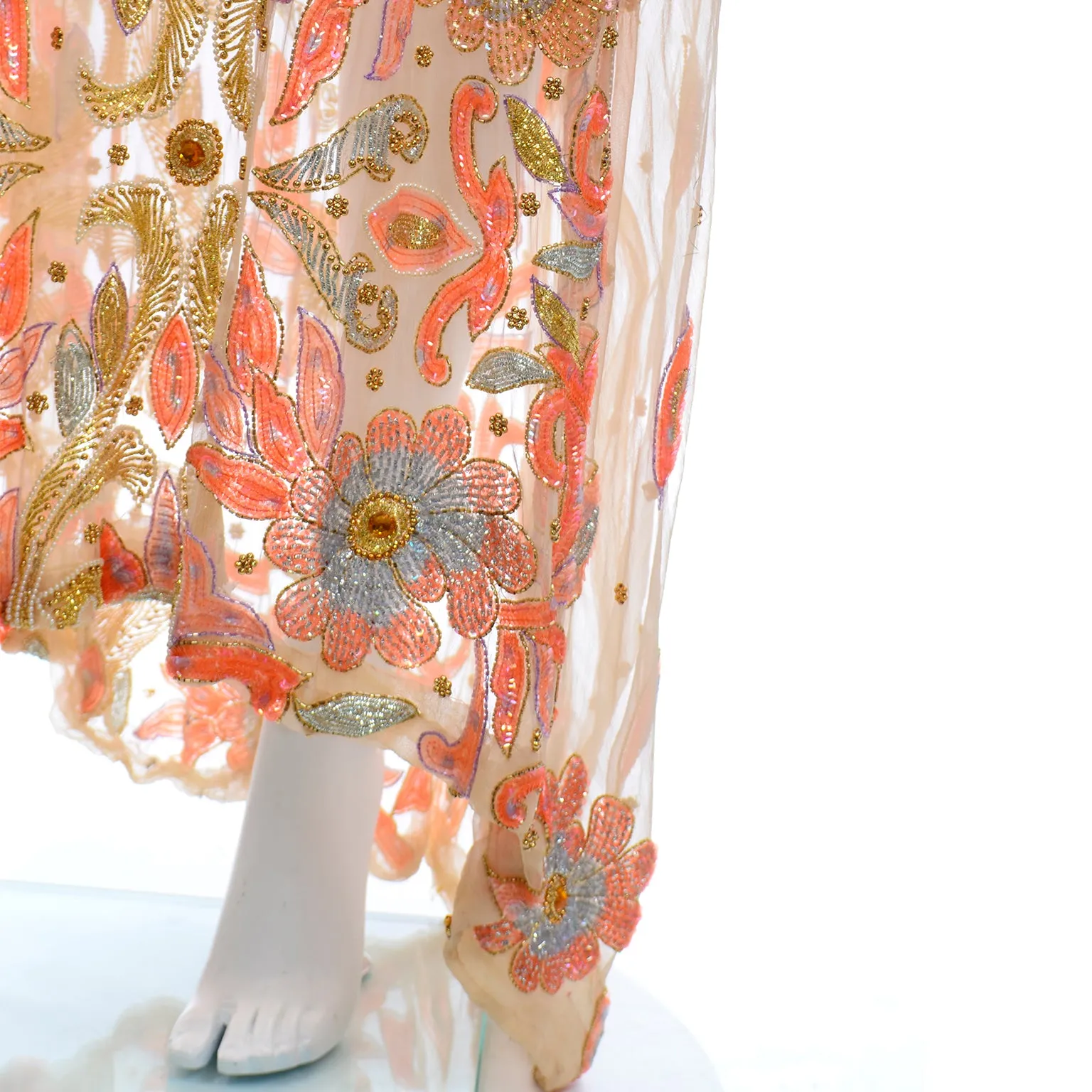 Vintage Beaded Sequin Peach Silk Caftan Evening Dress