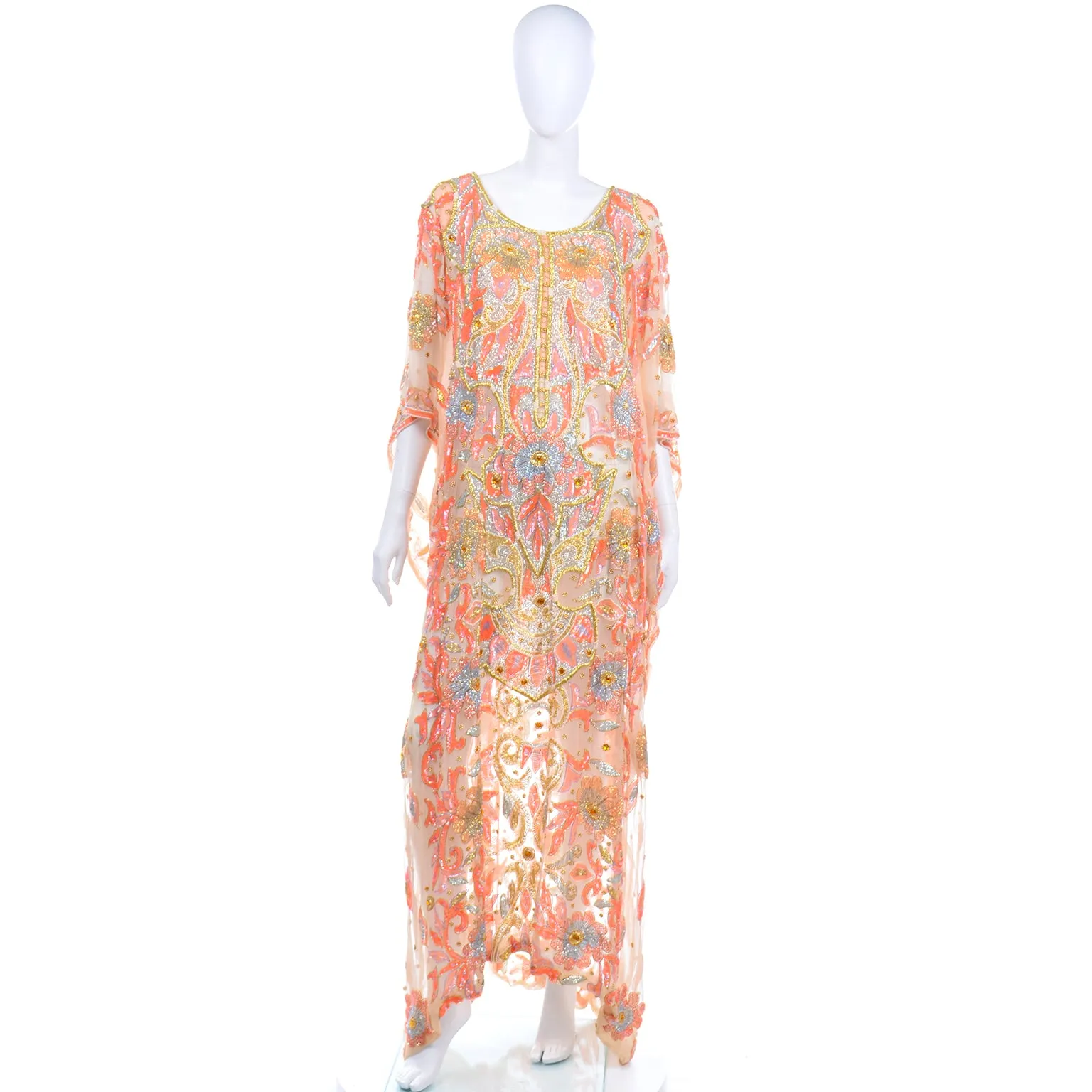 Vintage Beaded Sequin Peach Silk Caftan Evening Dress