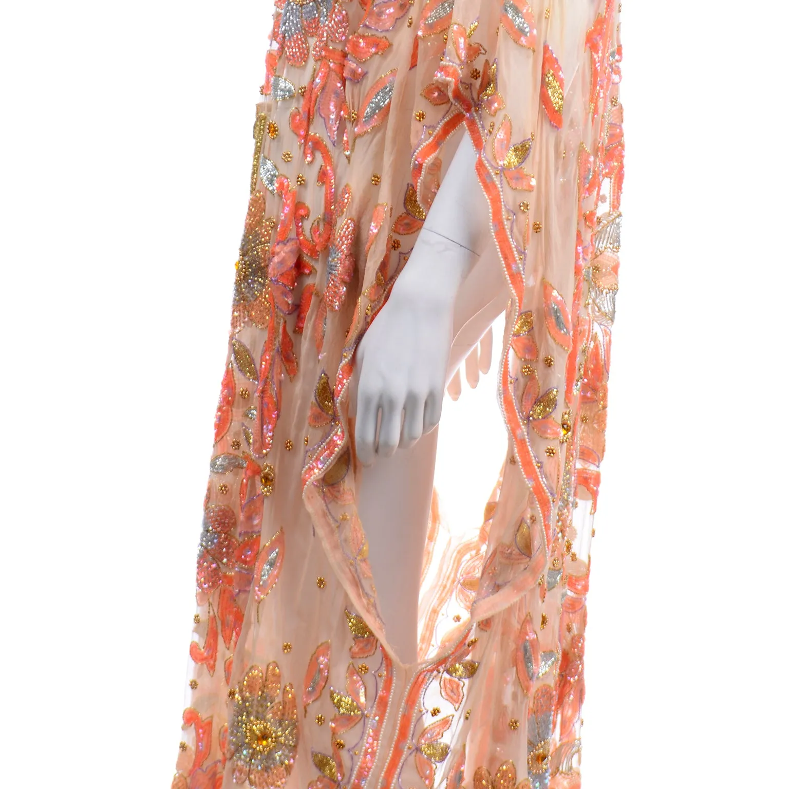 Vintage Beaded Sequin Peach Silk Caftan Evening Dress