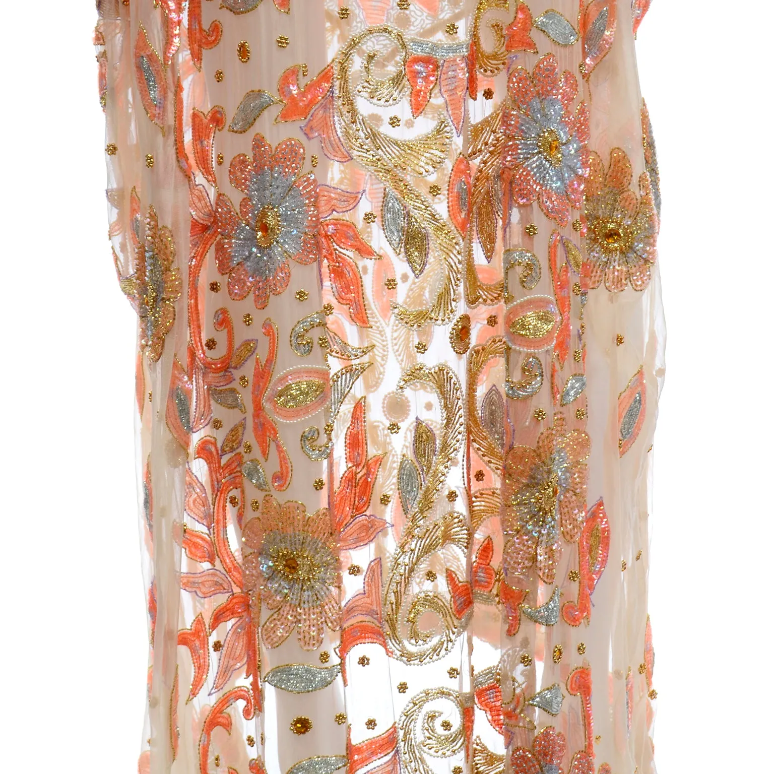 Vintage Beaded Sequin Peach Silk Caftan Evening Dress