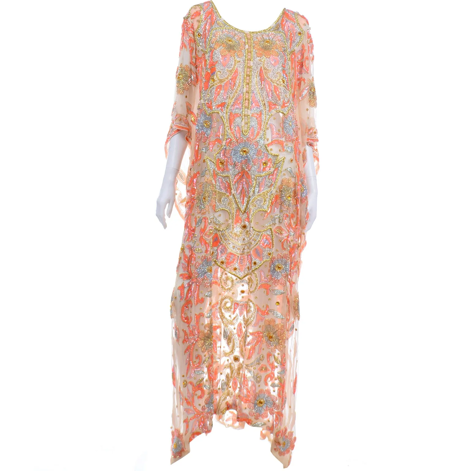 Vintage Beaded Sequin Peach Silk Caftan Evening Dress