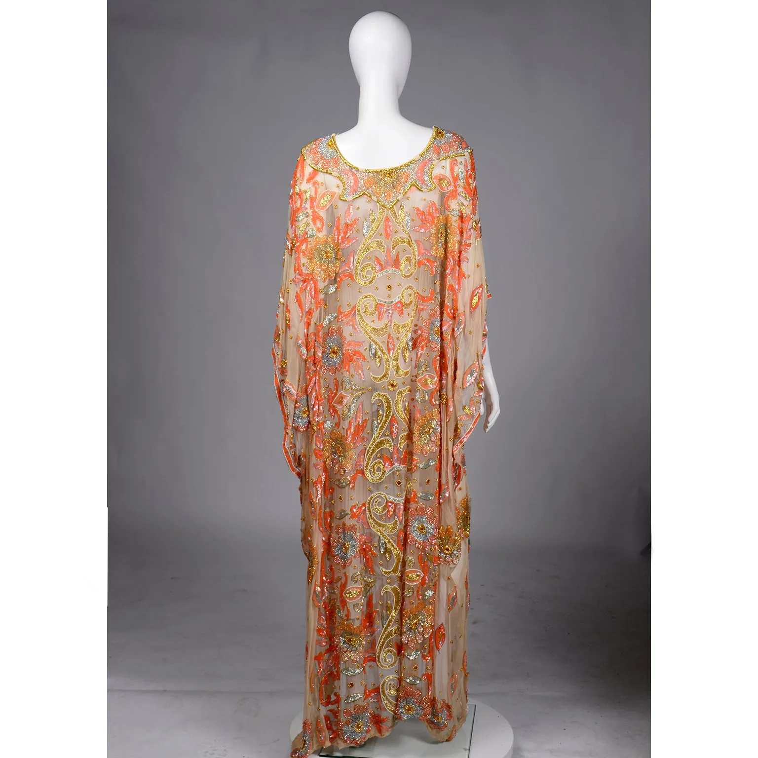 Vintage Beaded Sequin Peach Silk Caftan Evening Dress