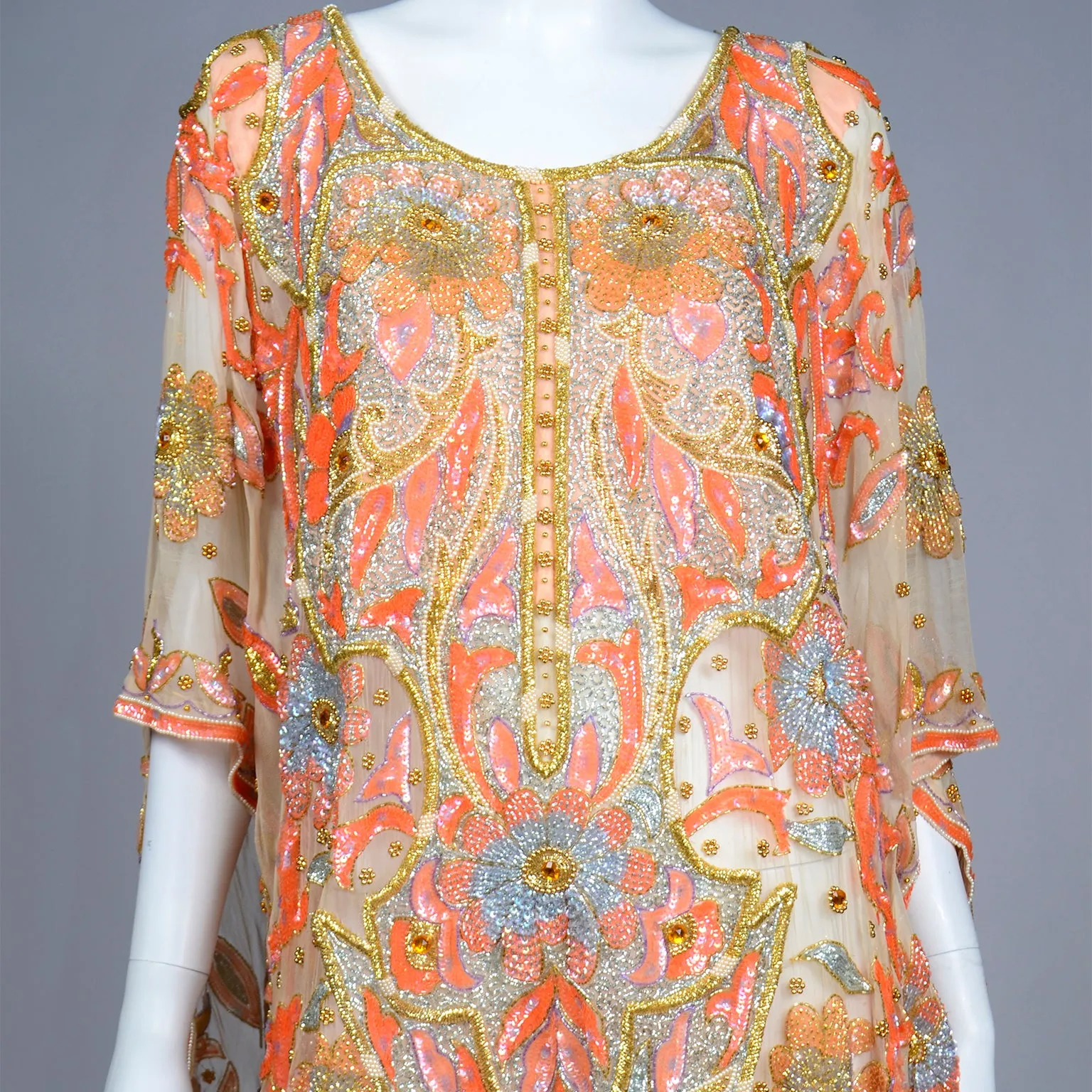 Vintage Beaded Sequin Peach Silk Caftan Evening Dress