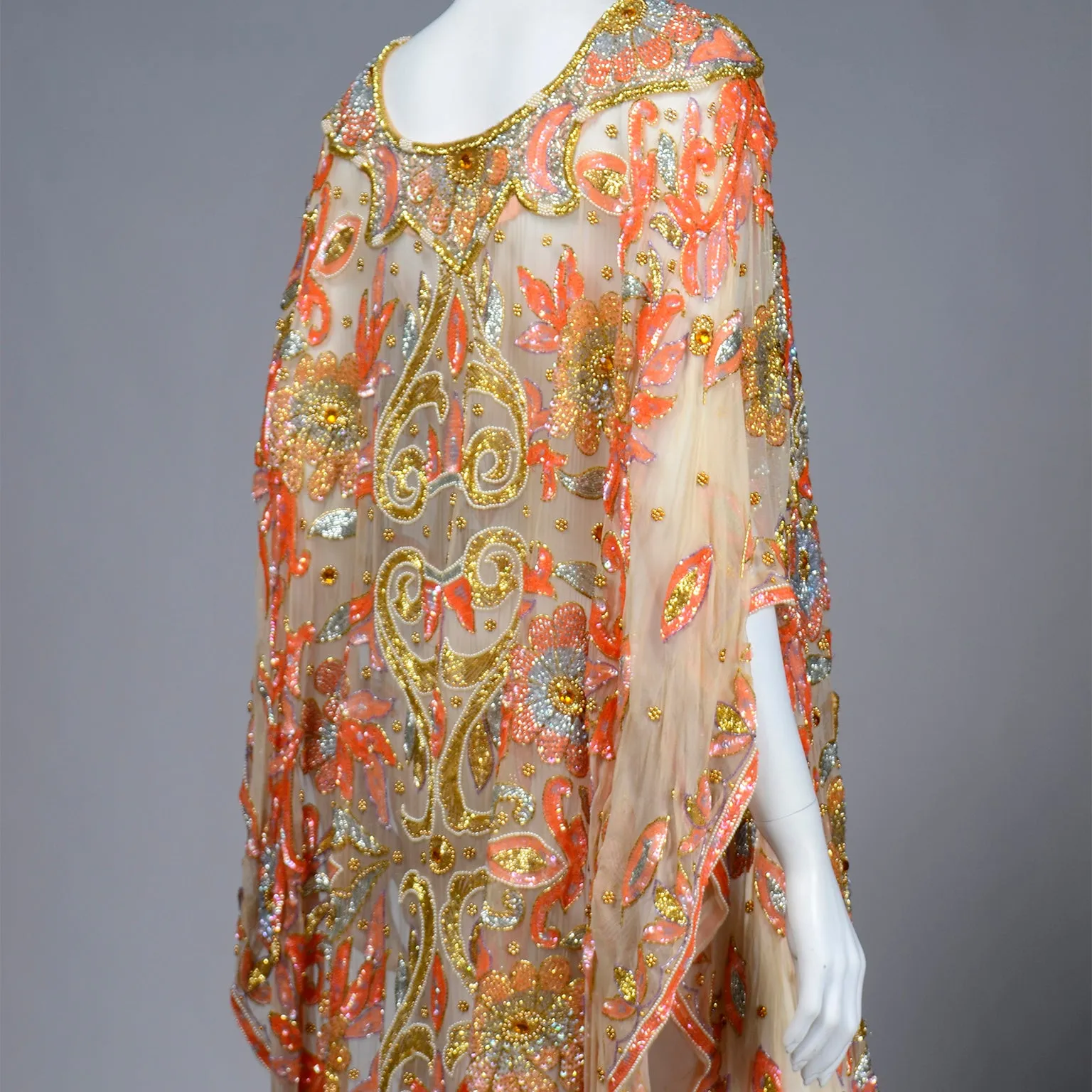 Vintage Beaded Sequin Peach Silk Caftan Evening Dress