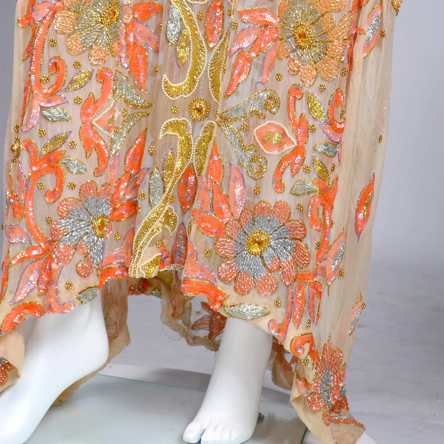 Vintage Beaded Sequin Peach Silk Caftan Evening Dress