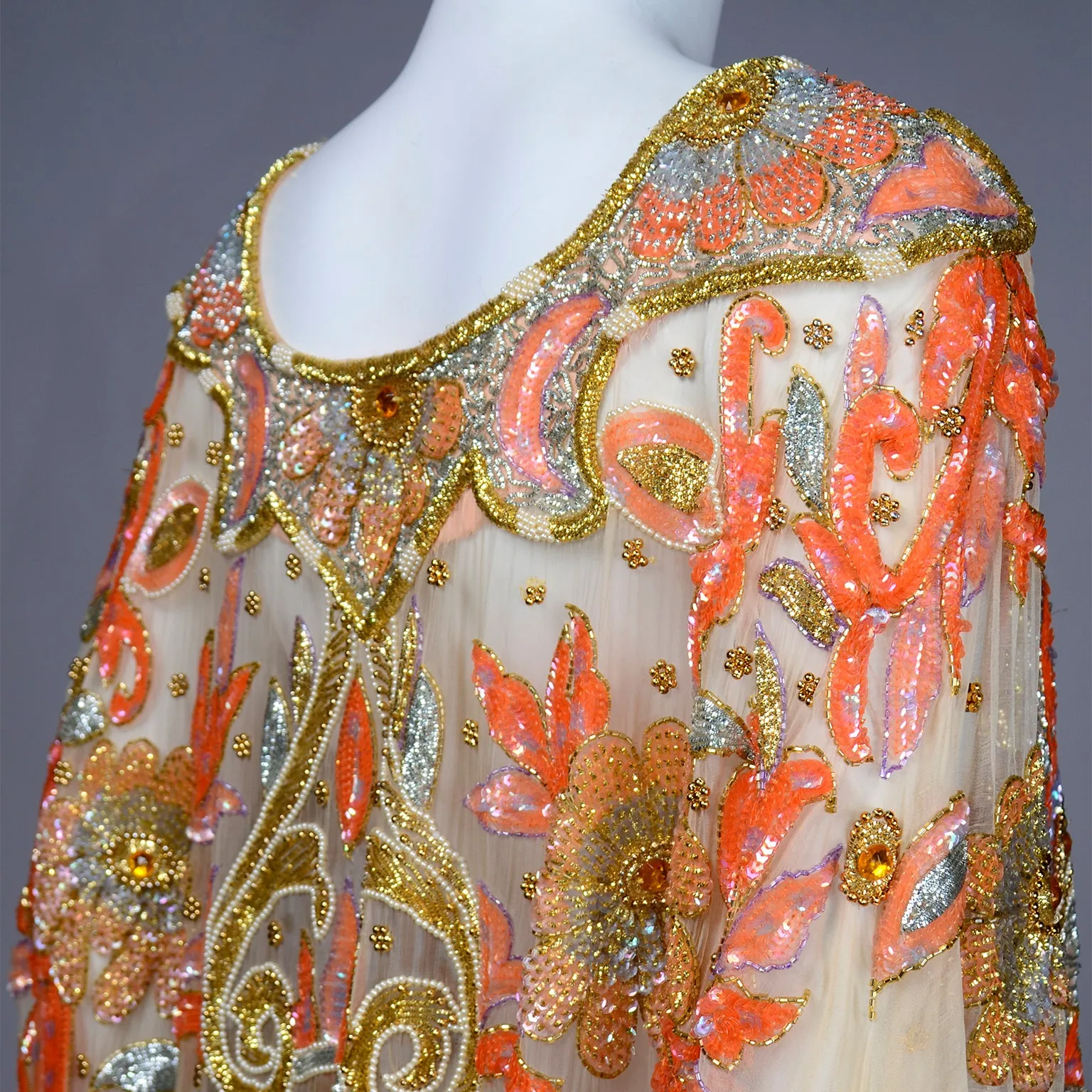 Vintage Beaded Sequin Peach Silk Caftan Evening Dress