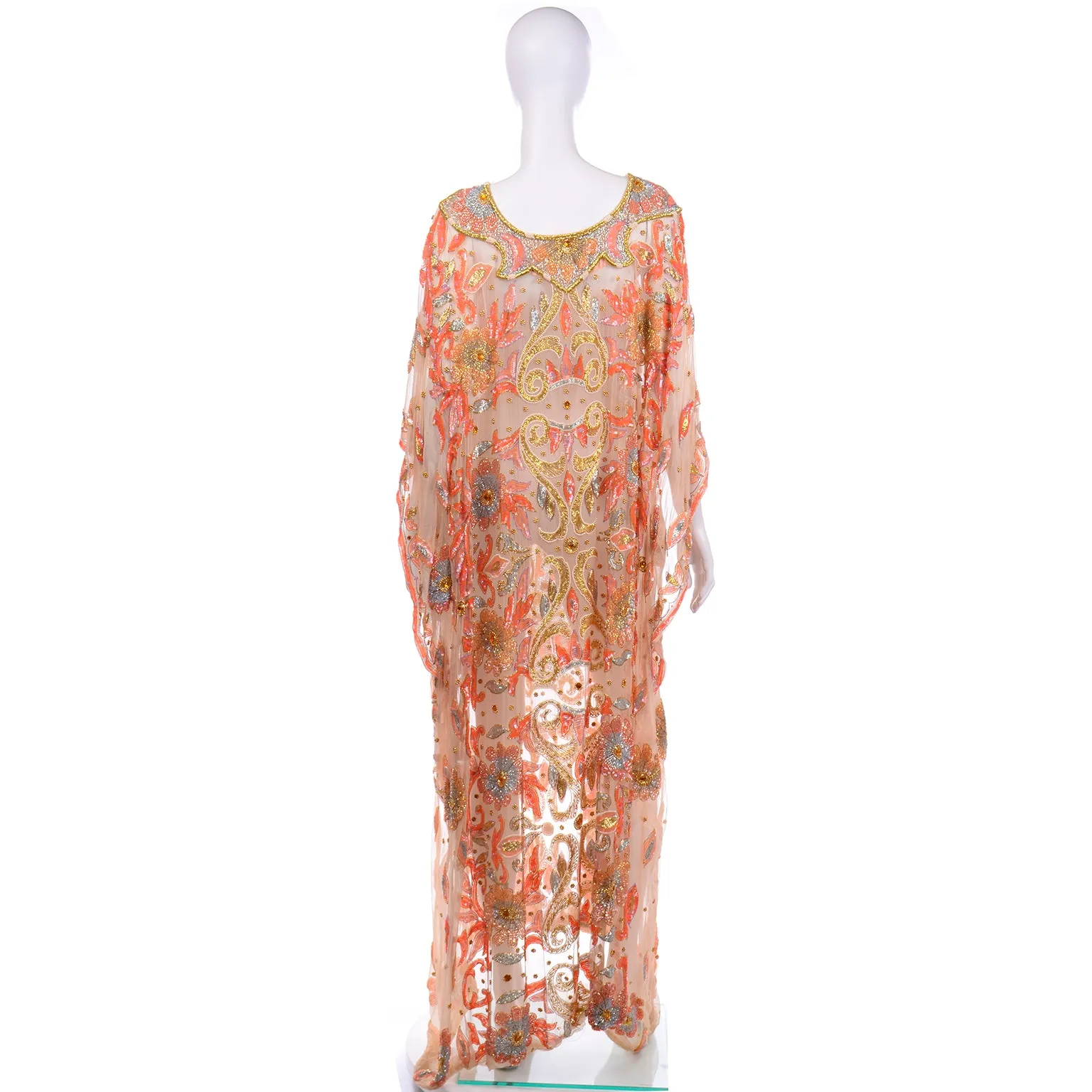 Vintage Beaded Sequin Peach Silk Caftan Evening Dress