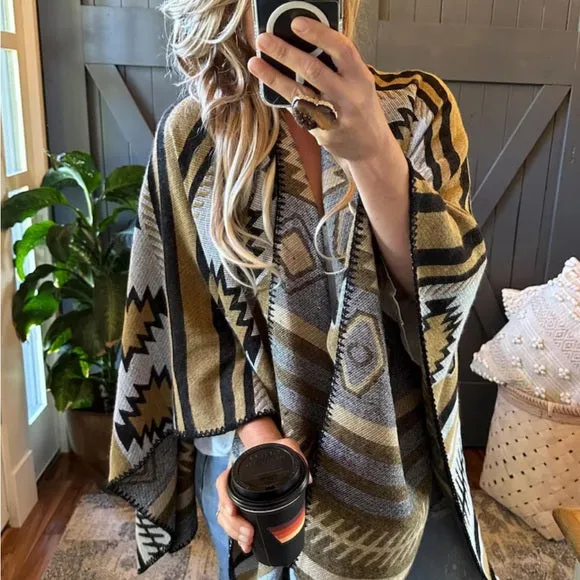 Western Geometric Cozy Blanket Cardigan Sweater