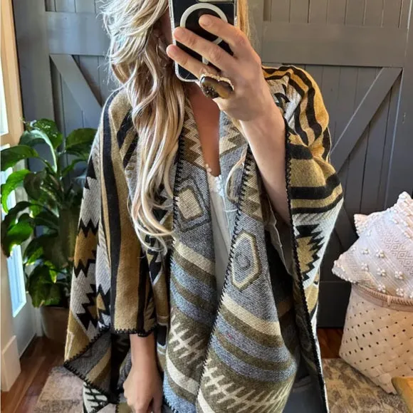 Western Geometric Cozy Blanket Cardigan Sweater