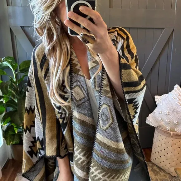 Western Geometric Cozy Blanket Cardigan Sweater