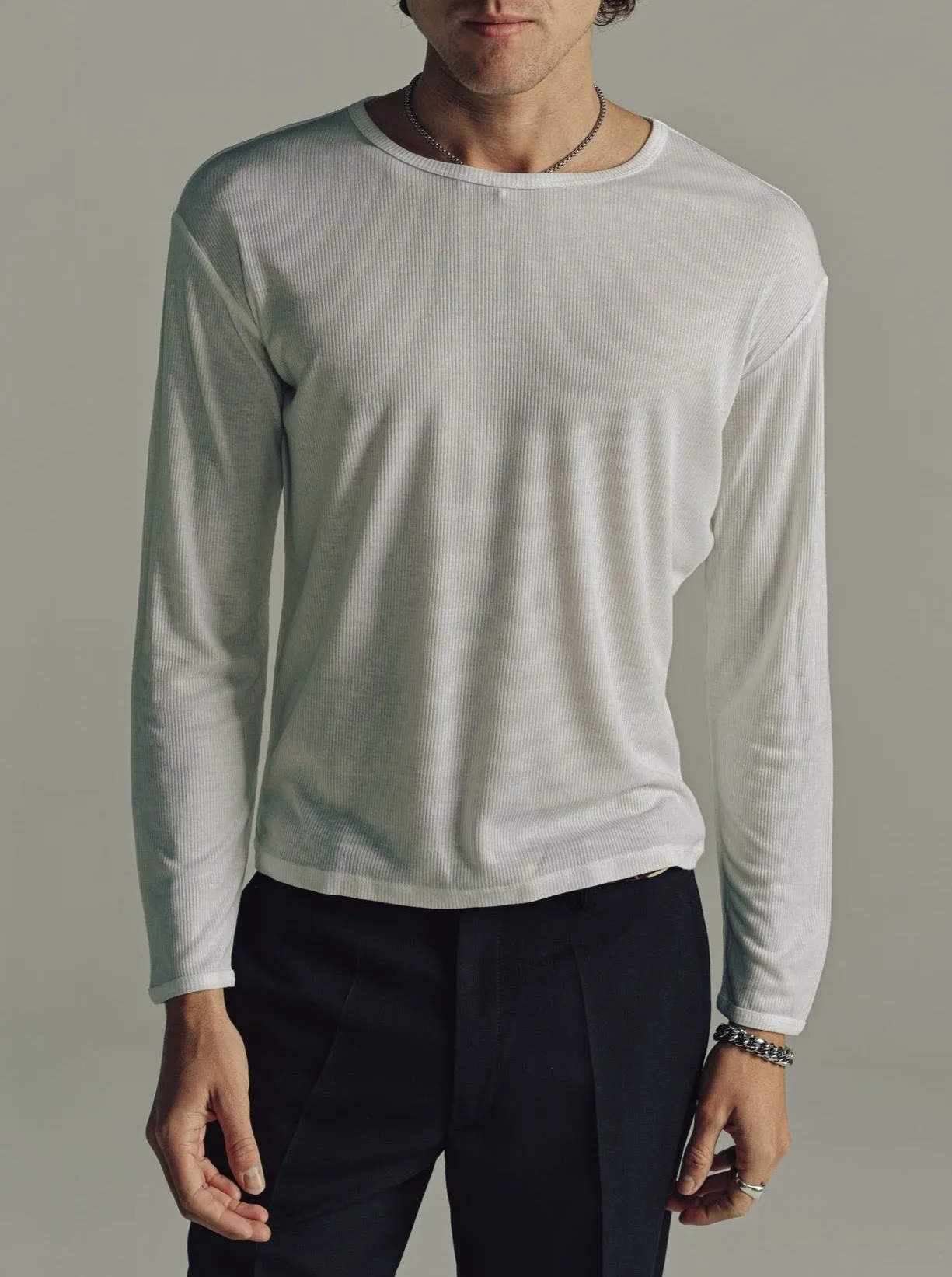 White Ribbed Dias Cortes Long Sleeve  Tee