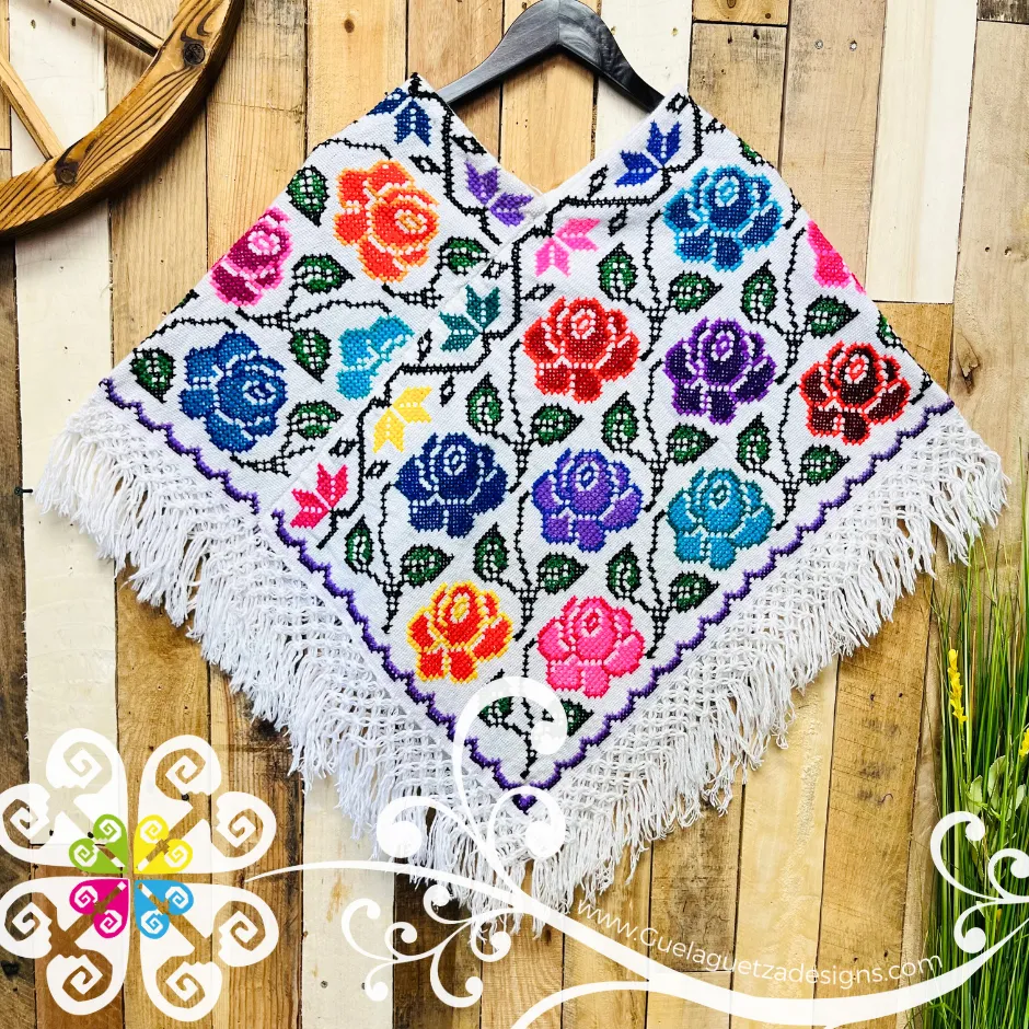 White Roses Design Embroider Poncho - Mañanita