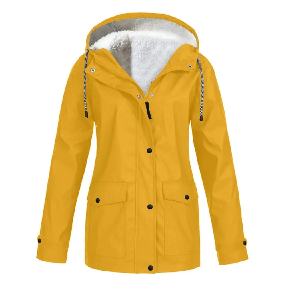 Women's Autumn Winter Plus Velvet Outdoor Jacket Windproof Waterproof Mountaineering Hooded Coat