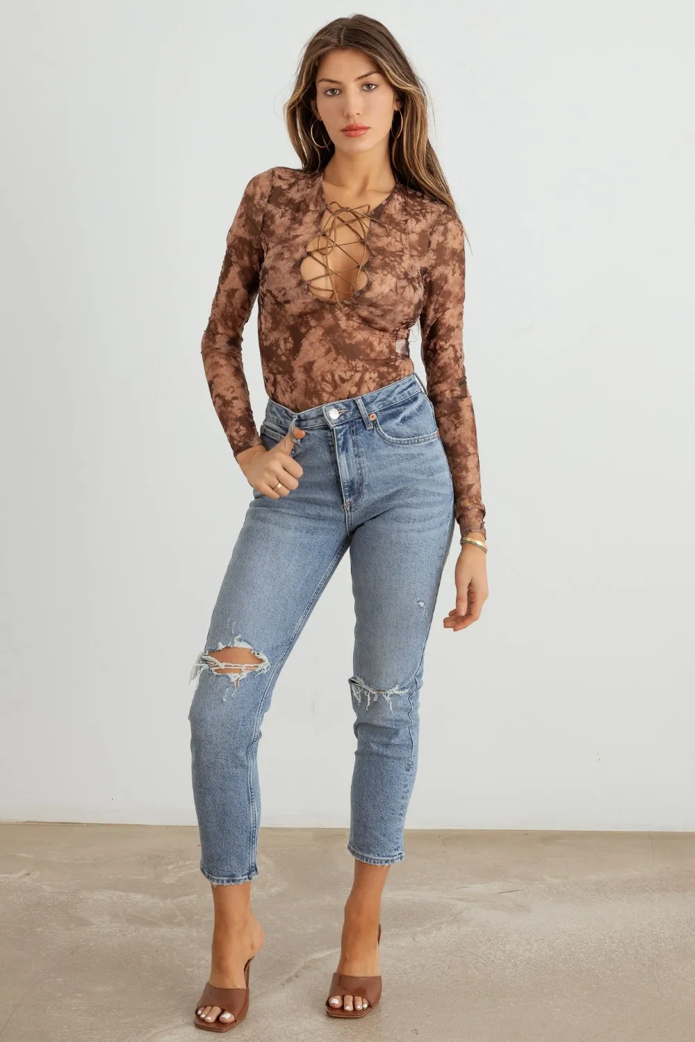 Women's HERA COLLECTION Abstract Mesh Lace-Up Long Sleeve Bodysuit