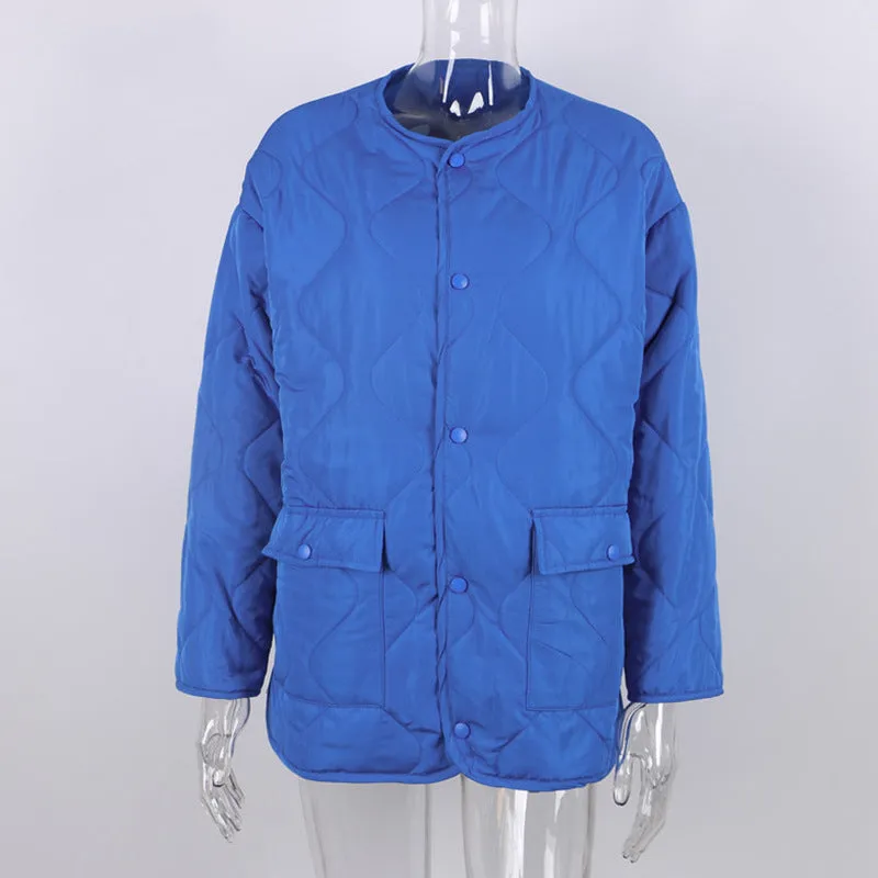 Women's Winter Blue Oversize Puffer Casual Fashion Warm Cotton Button Down Quilted Coat  Loose Jacket