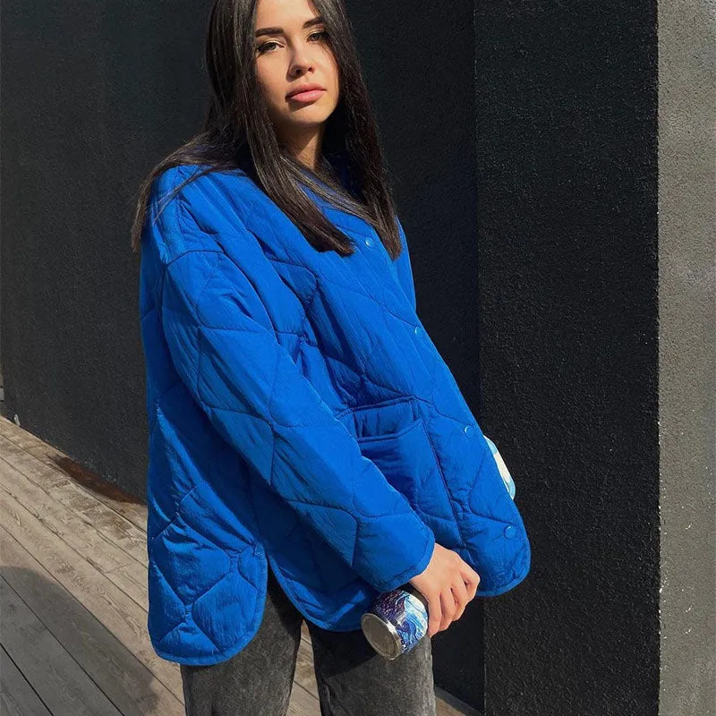 Women's Winter Blue Oversize Puffer Casual Fashion Warm Cotton Button Down Quilted Coat  Loose Jacket