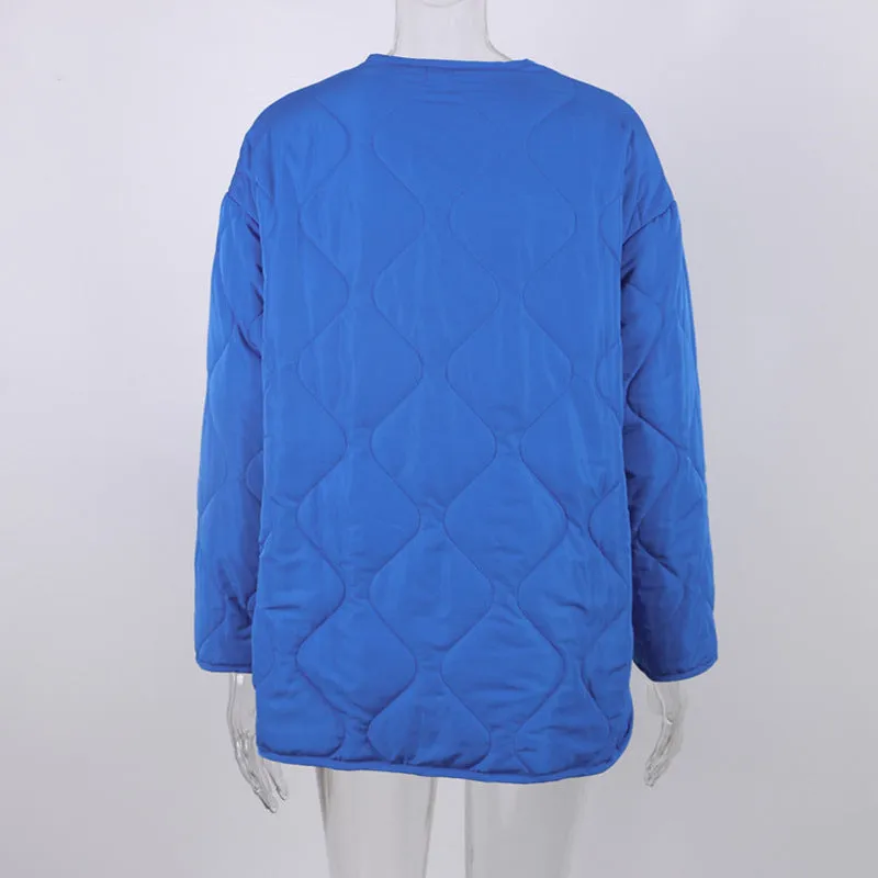 Women's Winter Blue Oversize Puffer Casual Fashion Warm Cotton Button Down Quilted Coat  Loose Jacket