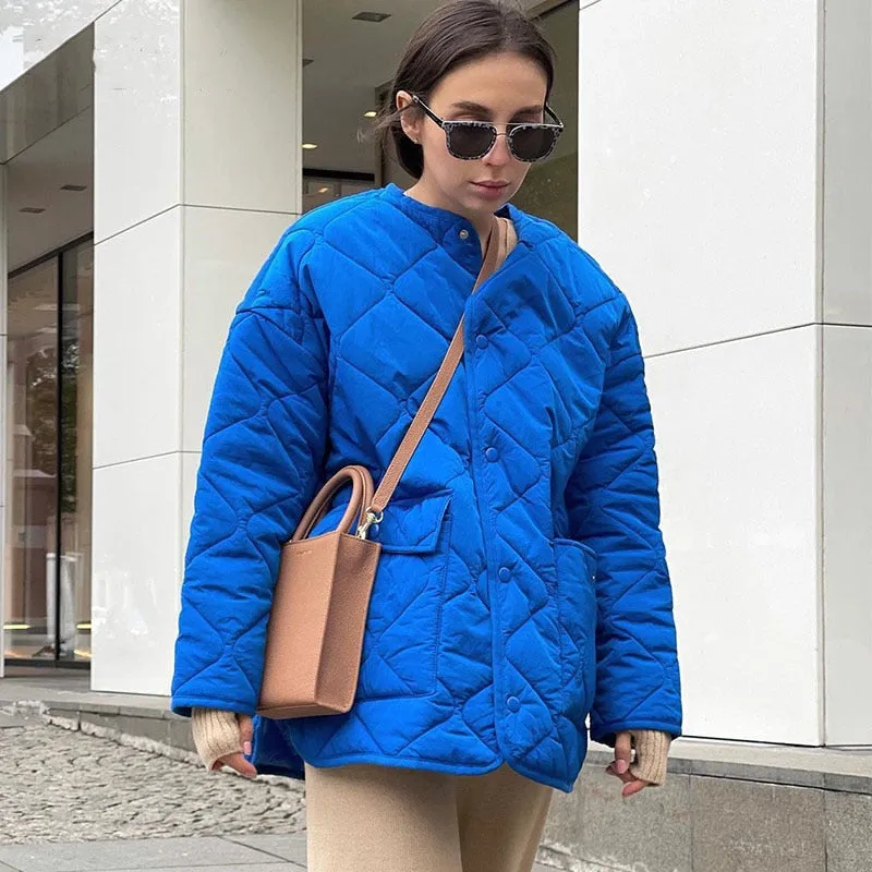 Women's Winter Blue Oversize Puffer Casual Fashion Warm Cotton Button Down Quilted Coat  Loose Jacket