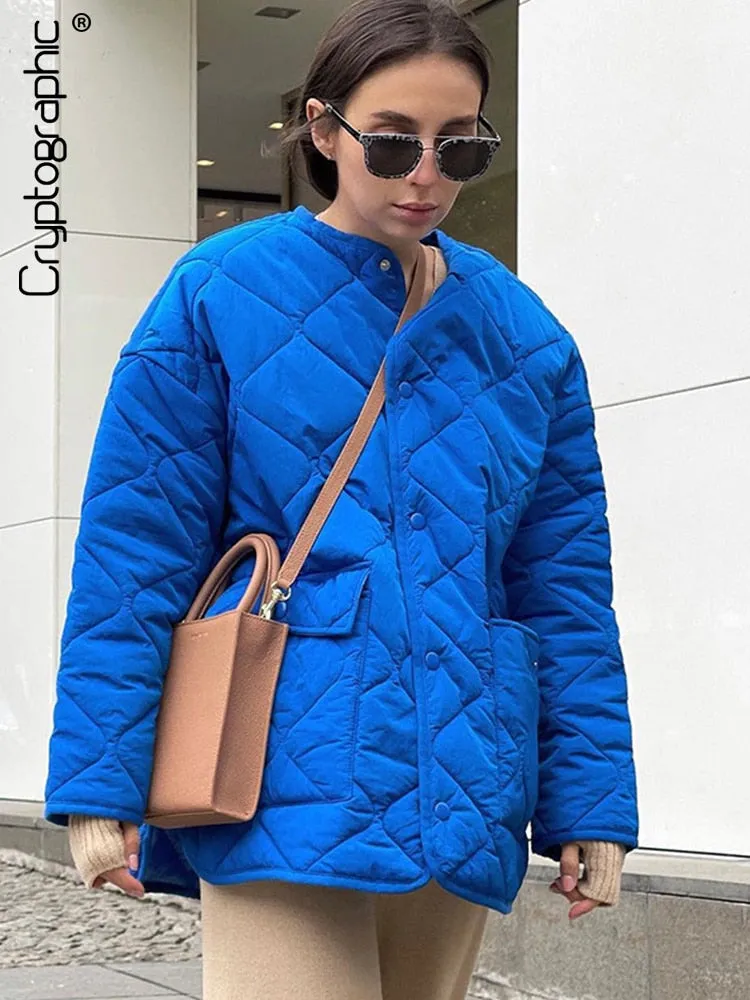 Women's Winter Blue Oversize Puffer Casual Fashion Warm Cotton Button Down Quilted Coat  Loose Jacket