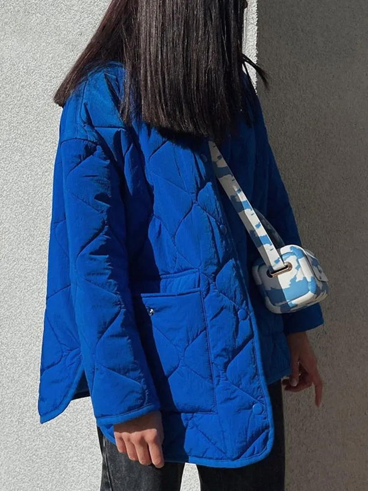 Women's Winter Blue Oversize Puffer Casual Fashion Warm Cotton Button Down Quilted Coat  Loose Jacket