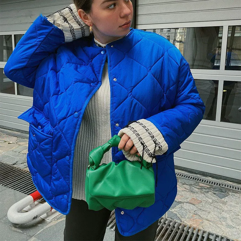 Women's Winter Blue Oversize Puffer Casual Fashion Warm Cotton Button Down Quilted Coat  Loose Jacket