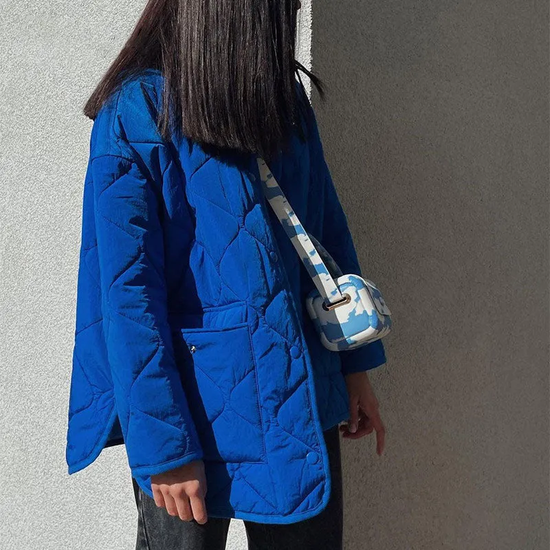 Women's Winter Blue Oversize Puffer Casual Fashion Warm Cotton Button Down Quilted Coat  Loose Jacket