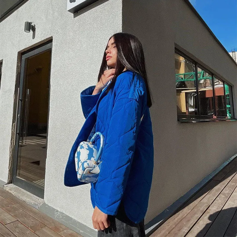 Women's Winter Blue Oversize Puffer Casual Fashion Warm Cotton Button Down Quilted Coat  Loose Jacket