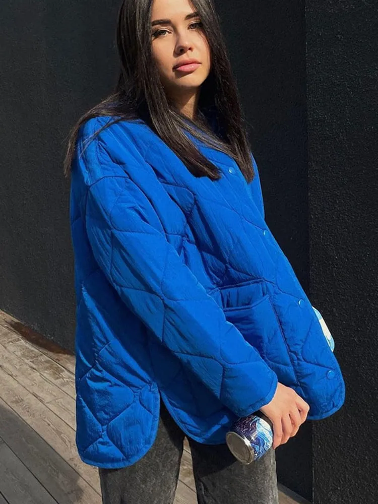 Women's Winter Blue Oversize Puffer Casual Fashion Warm Cotton Button Down Quilted Coat  Loose Jacket