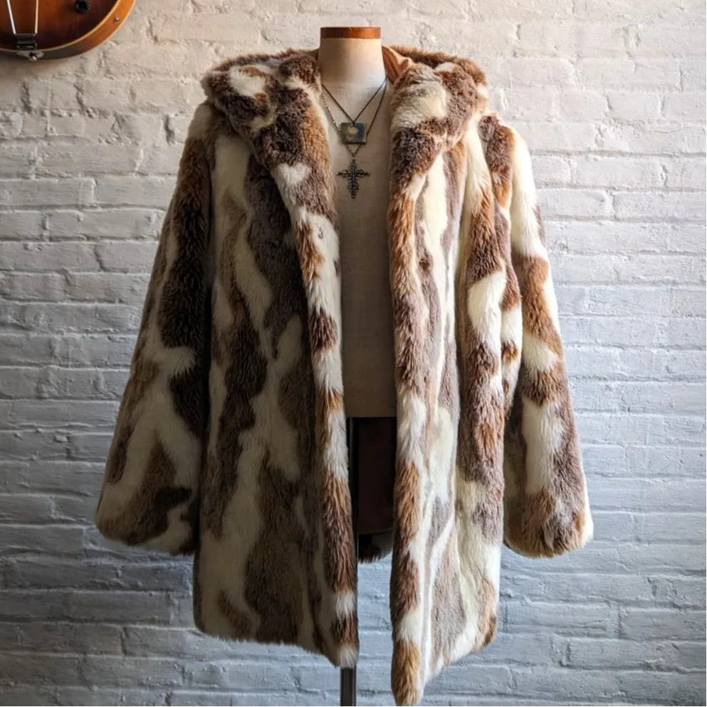 Y2K Vintage Mob Wife Fluffy Vegan Fur Coat Cow Print Shag Cowgirl Groovy Jacket