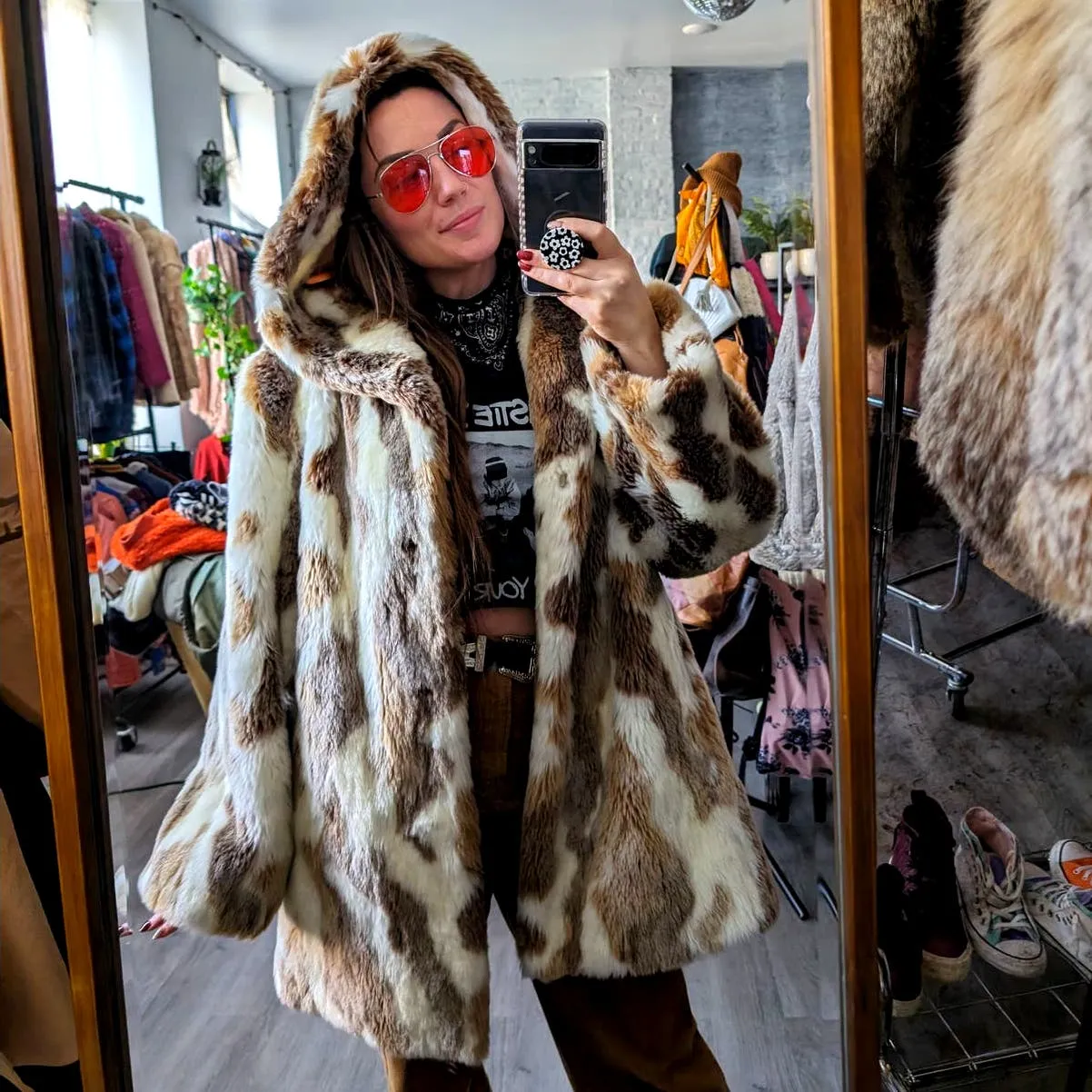 Y2K Vintage Mob Wife Fluffy Vegan Fur Coat Cow Print Shag Cowgirl Groovy Jacket